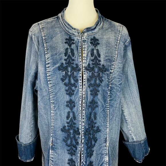 Vtg Y2K Floral Embroidered Denim Duster Sz 1X Western Boho Festival Country - Picture 2 of 6